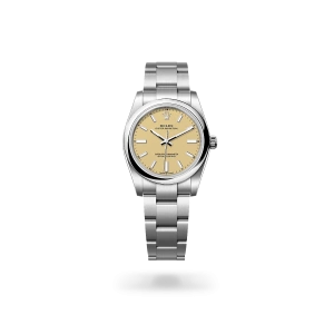 Rolex Oyster Perpetual 34 de acero Oystersteel con esfera beis, bisel abombada y brazalete Oyster - Bentrani