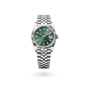 Rolex Datejust de 36 de acero Oystersteel y oro blanco con esfera verde menta, bisel estriado, y brazalete Jubilee - Bentrani
