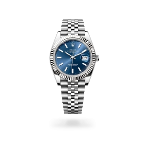 Rolex Datejust 41 de acero Oystersteel y oro blanco con esfera azul vivo, bisel estriado, y brazalete Jubilee - Bentrani