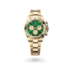 Rolex Cosmograph Daytona de oro amarillo con esfera verde vivo y dorado, bisel fijo, y brazalete Oyster - Bentrani