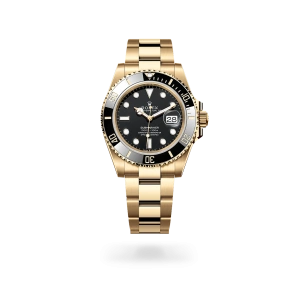 Rolex Submariner Date de oro amarillo con esfera negra, bisel giratorio unidireccional graduado 60 minutos, y brazalete Oyster - Bentrani