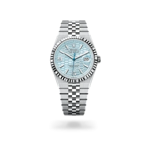 Rolex Land-Dweller 40 de platino con esfera azul glaciar, bisel estriado y brazalete Jubilee - Bentrani