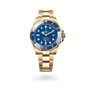 Rolex Deepsea de oro amarillo con esfera Azul, bisel giratorio unidireccional graduado 60 minutos, y brazalete Oyster - Bentrani