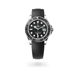 Rolex Yacht-Master 42 de oro blanco con esfera negra, bisel giratorio unidireccional graduado 60 minutos, y brazalete Oysterflex - Bentrani