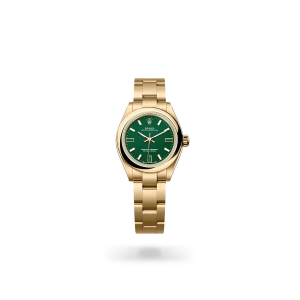 Rolex Oyster Perpetual 28  en oro amarillo con esfera Piedra verde y brazalete Oyster - Bentrani 