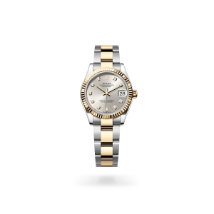 Rolex Datejust 31 de acero Oystersteel y oro amarillo con esfera plateada engastada de diamantes, bisel estriado, y brazalete Oyster - Bentrani