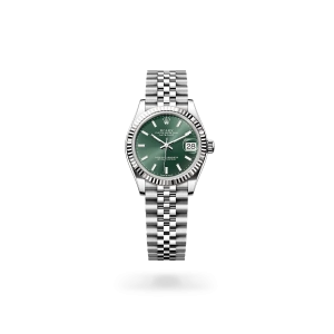 Rolex Datejust de 31 de acero Oystersteel y oro blanco con esfera verde menta, bisel estriado, y brazalete Jubilee - Bentrani