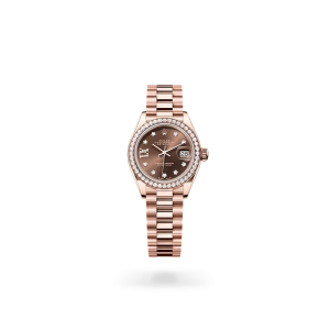 Rolex Lady-Datejust de oro Everose y diamantes con esfera chocolate engastada de diamantes, bisel engastado de diamantes y brazalete President - Bentrani