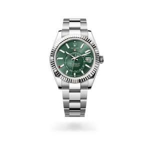 Rolex Sky-Dweller de acero Oystersteel y oro blanco con esfera verde menta, bisel estriado y brazalete Oyster - Bentrani