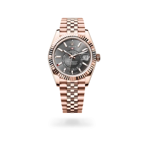 Rolex Sky-Dweller de oro Everose con esfera Pizarra, bisel estriado, y brazalete Jubilee - Bentrani