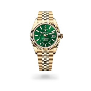 Rolex Sky-Dweller de oro amarillo con esfera verde vivo, bisel estriado, y brazalete Jubilee - Bentrani