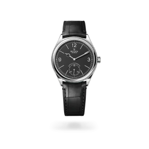 Rolex 1908 de oro blanco con esfera negro intenso, bisel abombado y estriado, y brazalete correa de piel - Bentrani