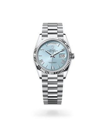 Rolex Day-Date 36 de platino con esfera azul glaciar, bisel estriado, y brazalete President - Bentrani