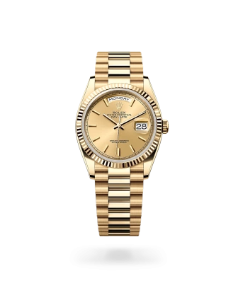 Rolex Day-Date 36 de oro amarillo con esfera color champagne, bisel estriado, y brazalete President - Bentrani
