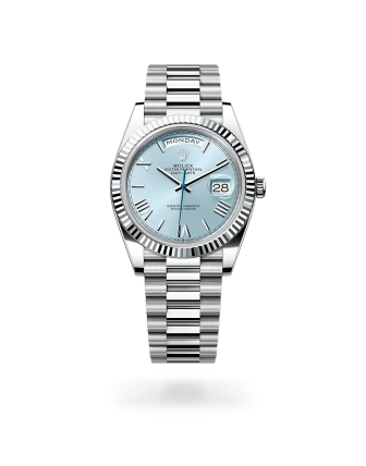 Rolex Day-Date 40 de platino con esfera azul glaciar, bisel estriado, y brazalete President - Bentrani