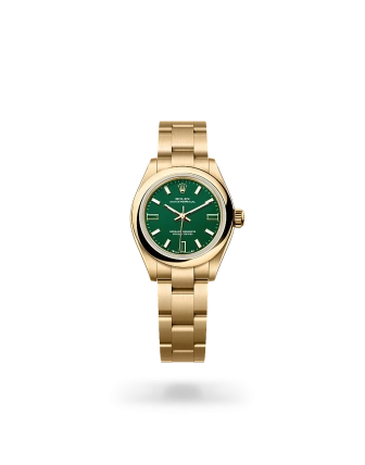 Rolex Oyster Perpetual 28  en oro amarillo con esfera Piedra verde y brazalete Oyster - Bentrani 