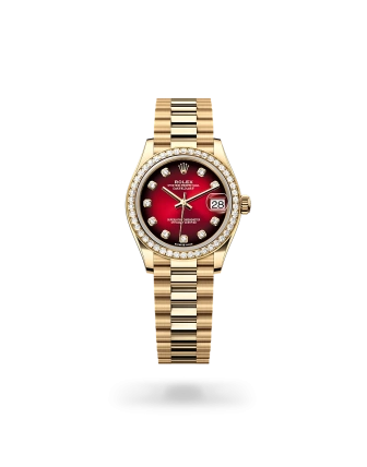 Rolex Datejust 31 de oro amarillo y diamantes con esfera rojo sombreado engastada de diamantes, bisel engastado de diamantes, y brazalete President - Bentrani