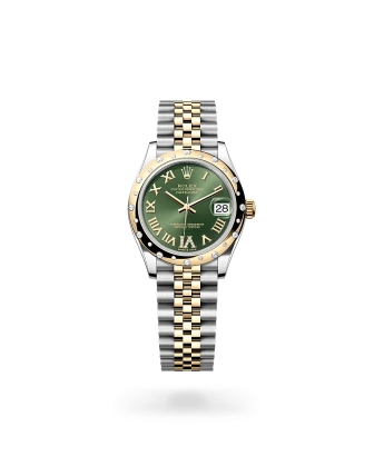 Rolex Datejust 31 de acero Oystersteel, oro amarillo y diamantes con esfera verde oliva engastada con diamantes, bisel abombado engastado de diamantes, y brazalete Jubilee - Bentrani